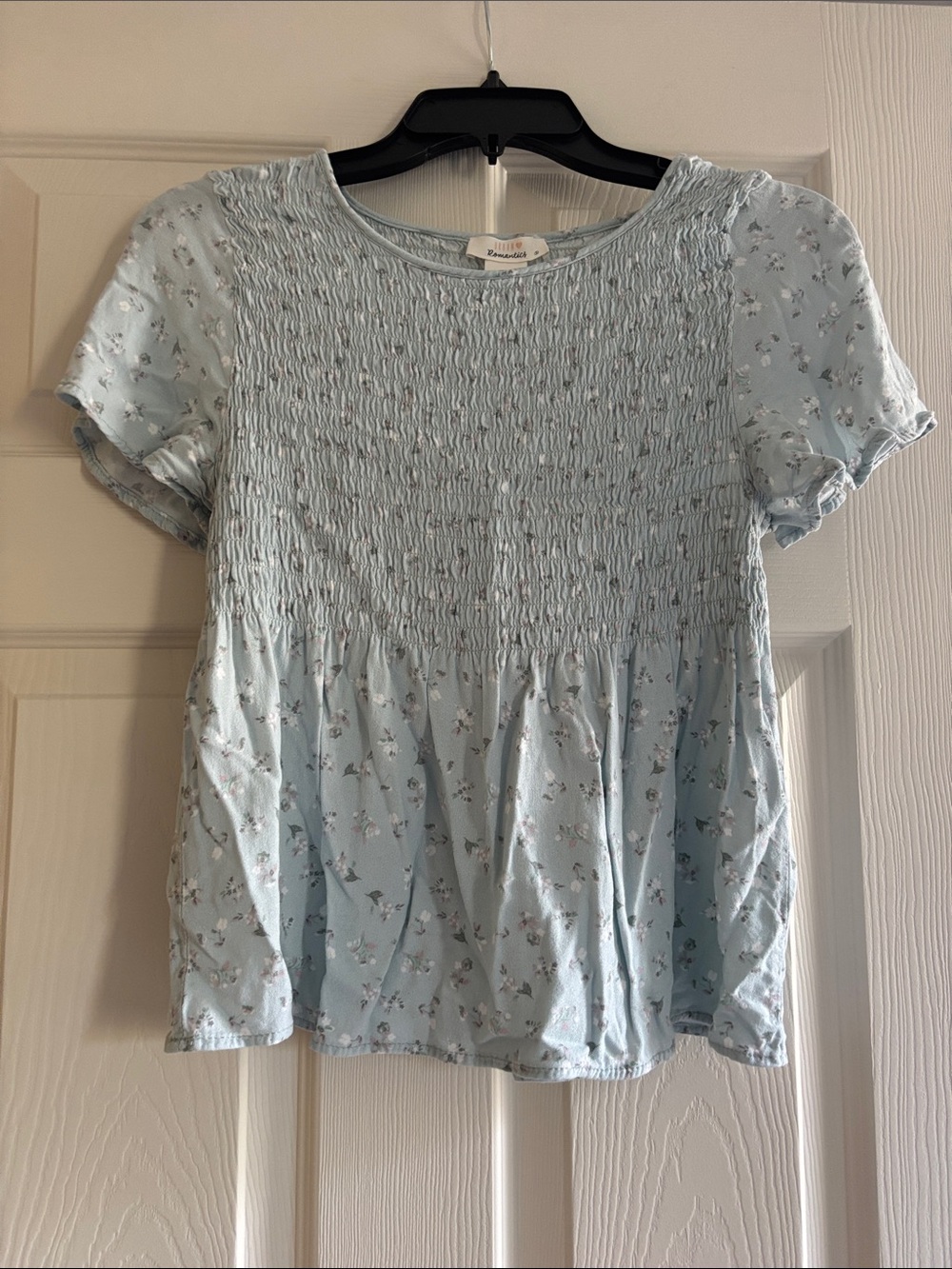 Madewell Pale Blue Smocked Floral Peplum Tee